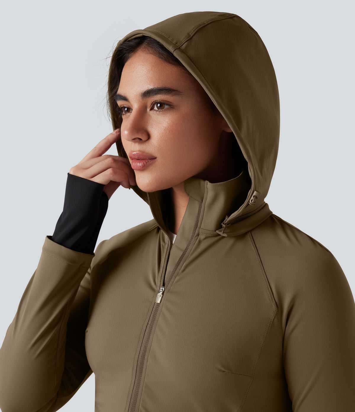 Removable Hood Thumb Holes Drawstring 2-Way Zipper Hiking Jacket with Pockets — Chestnut Brown — view 4