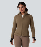 Removable Hood Thumb Holes Drawstring 2-Way Zipper Hiking Jacket with Pockets — Chestnut Brown — view 2