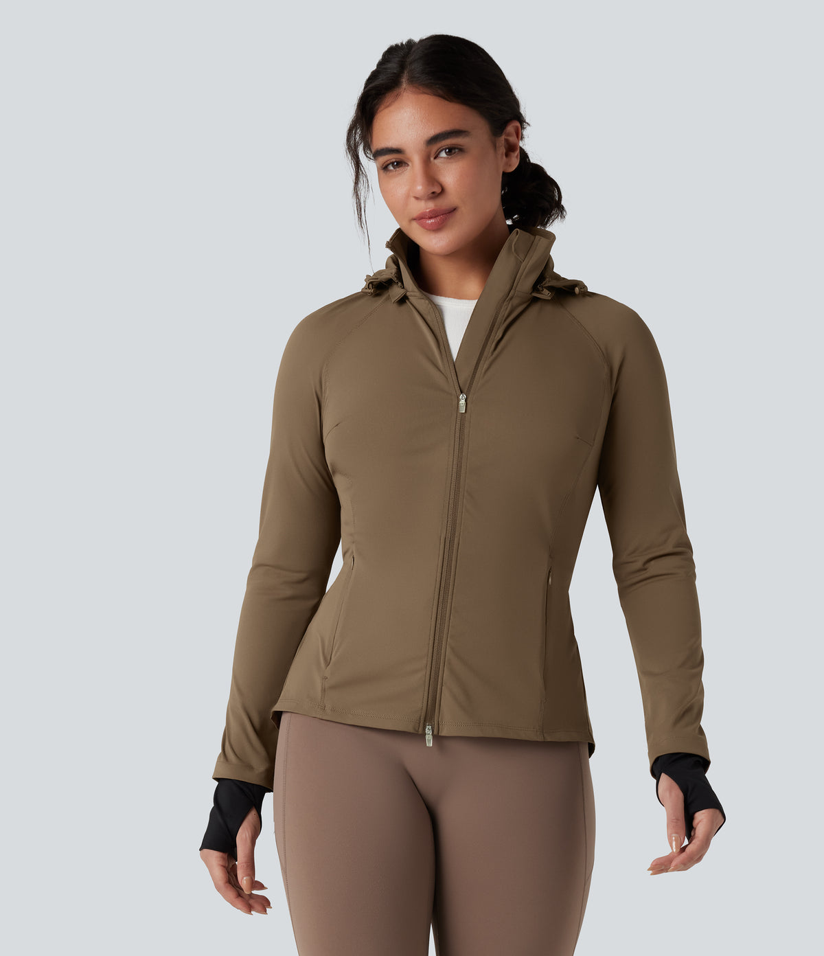Removable Hood Thumb Holes Drawstring 2-Way Zipper Hiking Jacket with Pockets — Chestnut Brown — view 2