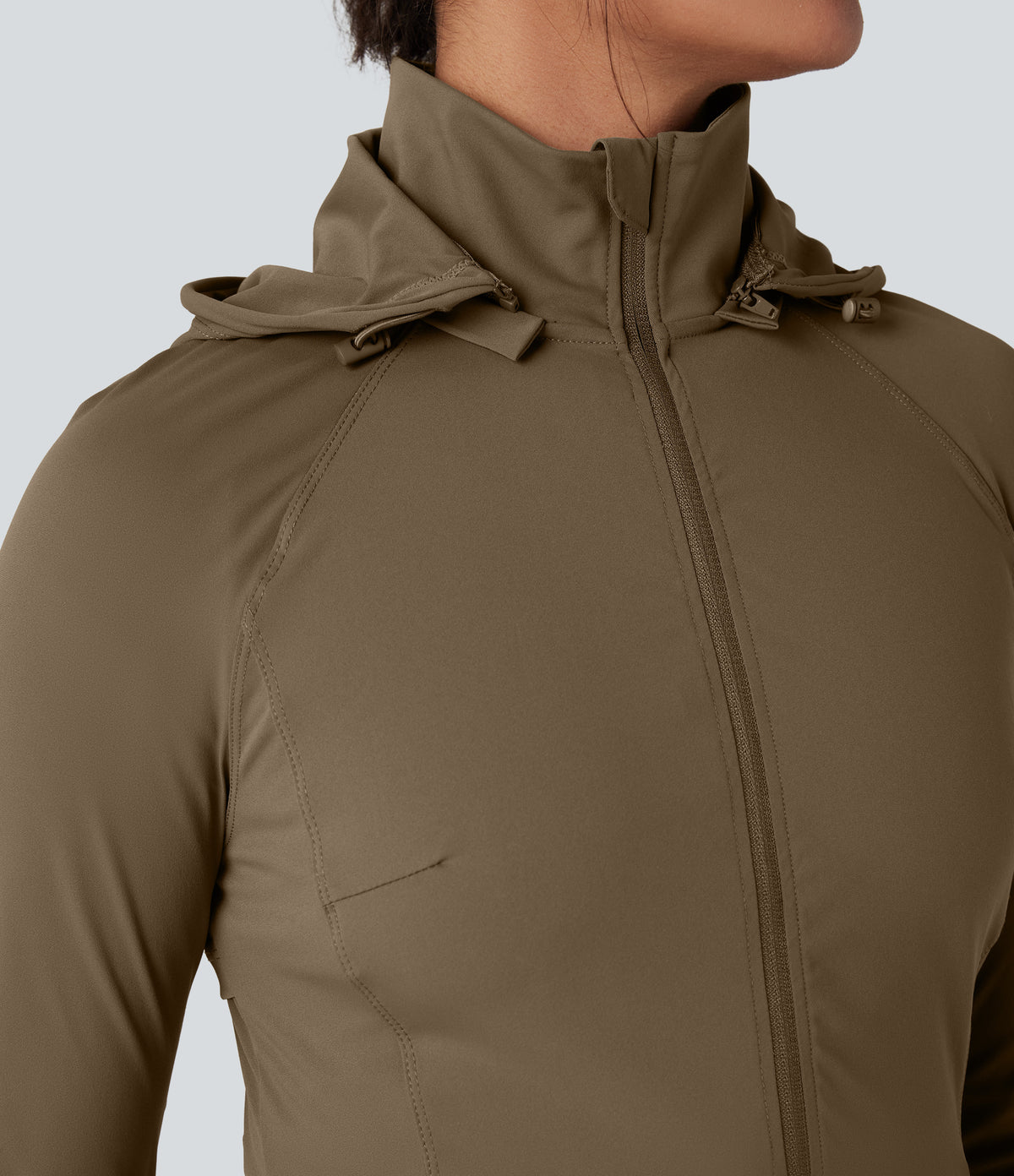 Removable Hood Thumb Holes Drawstring 2-Way Zipper Hiking Jacket with Pockets — Chestnut Brown — view 5
