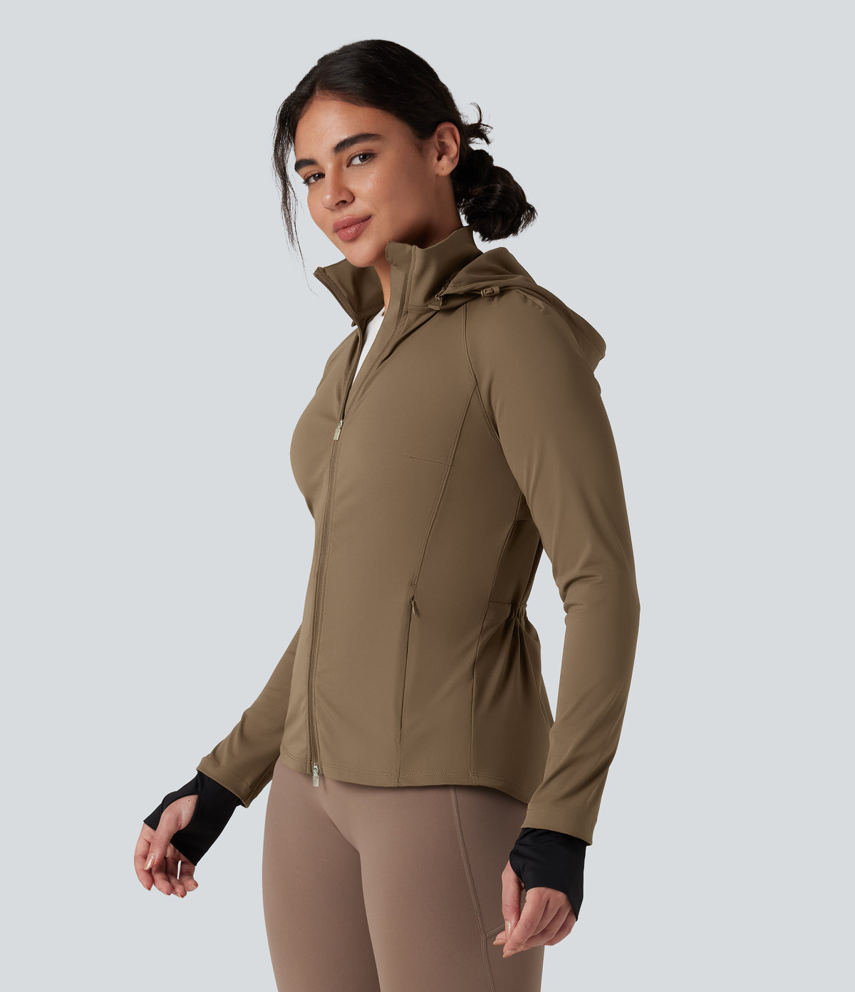 Removable Hood Thumb Holes Drawstring 2-Way Zipper Hiking Jacket with Pockets — Chestnut Brown — view 3