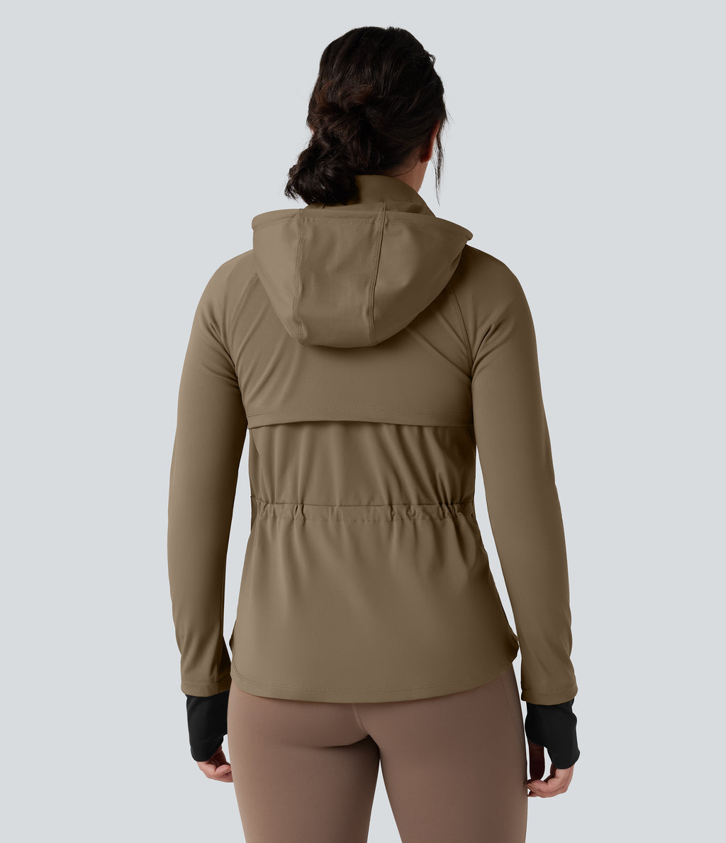 Removable Hood Thumb Holes Drawstring 2-Way Zipper Hiking Jacket with Pockets — Chestnut Brown — view 8