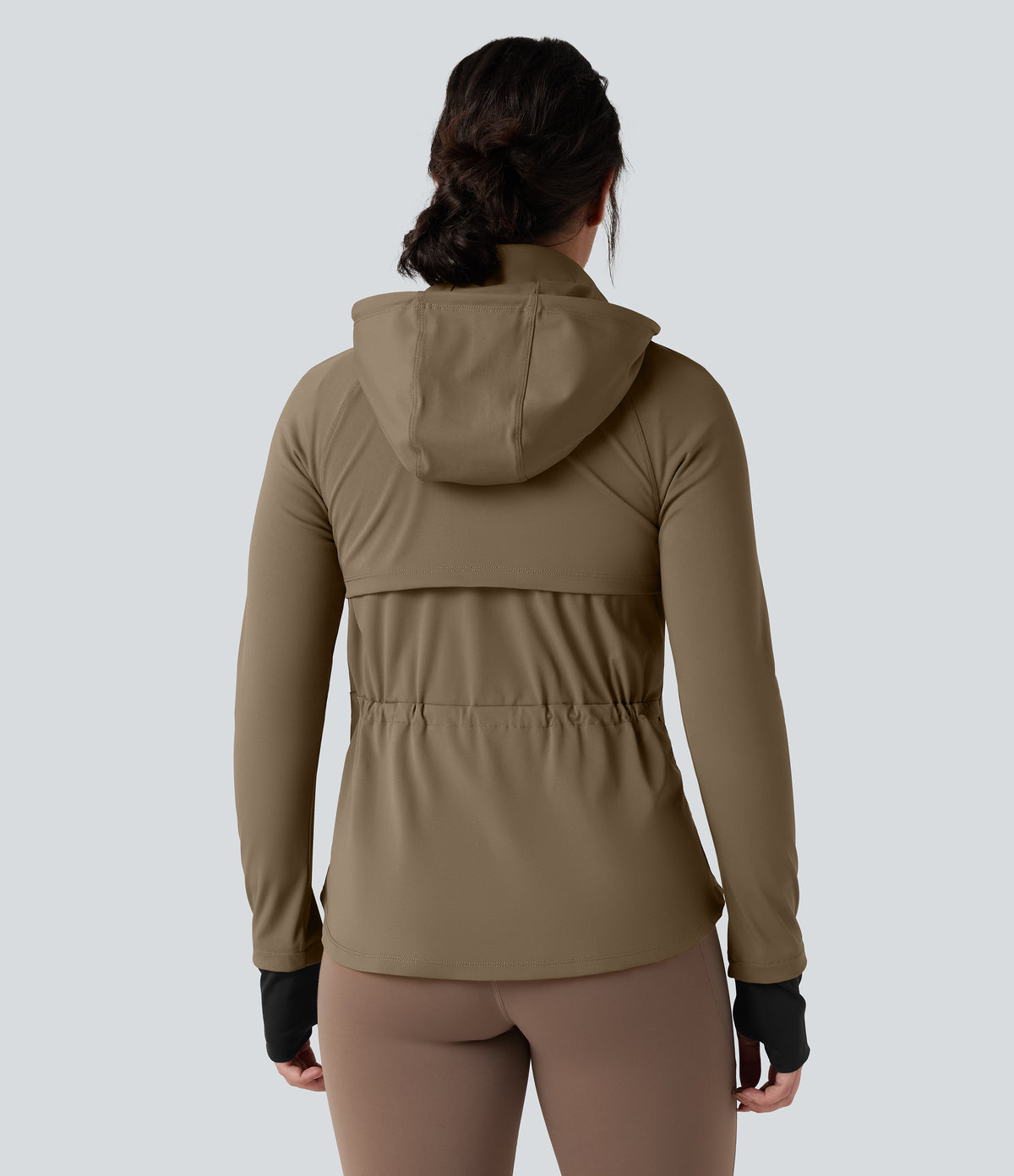Removable Hood Thumb Holes Drawstring 2-Way Zipper Hiking Jacket with Pockets — Chestnut Brown — view 8
