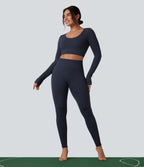 OneForm Seamless Flow Long Sleeve Cropped Waffle Yoga Sports Top — Peacoat — view 6