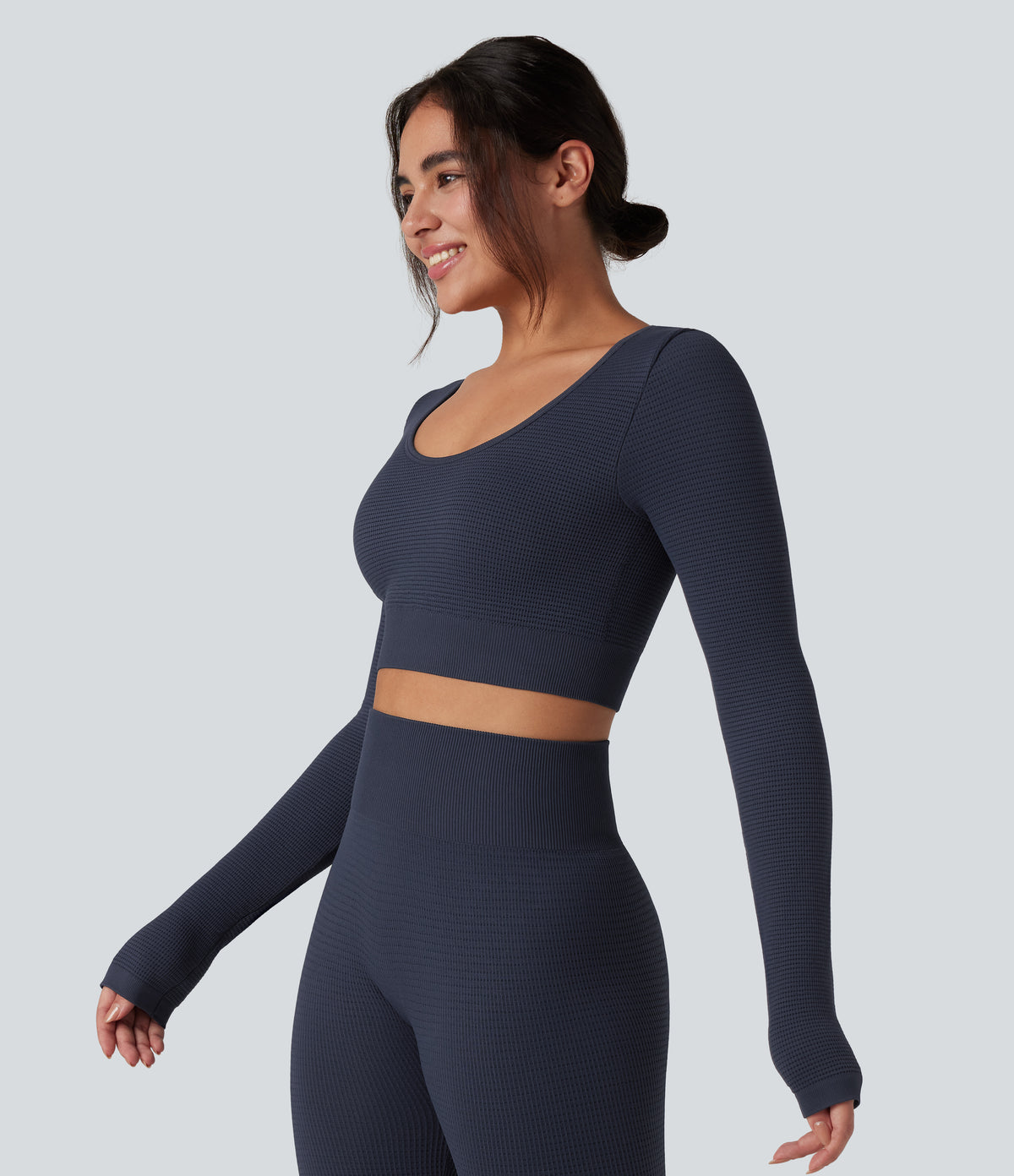 OneForm Seamless Flow Long Sleeve Cropped Waffle Yoga Sports Top — Peacoat — view 3