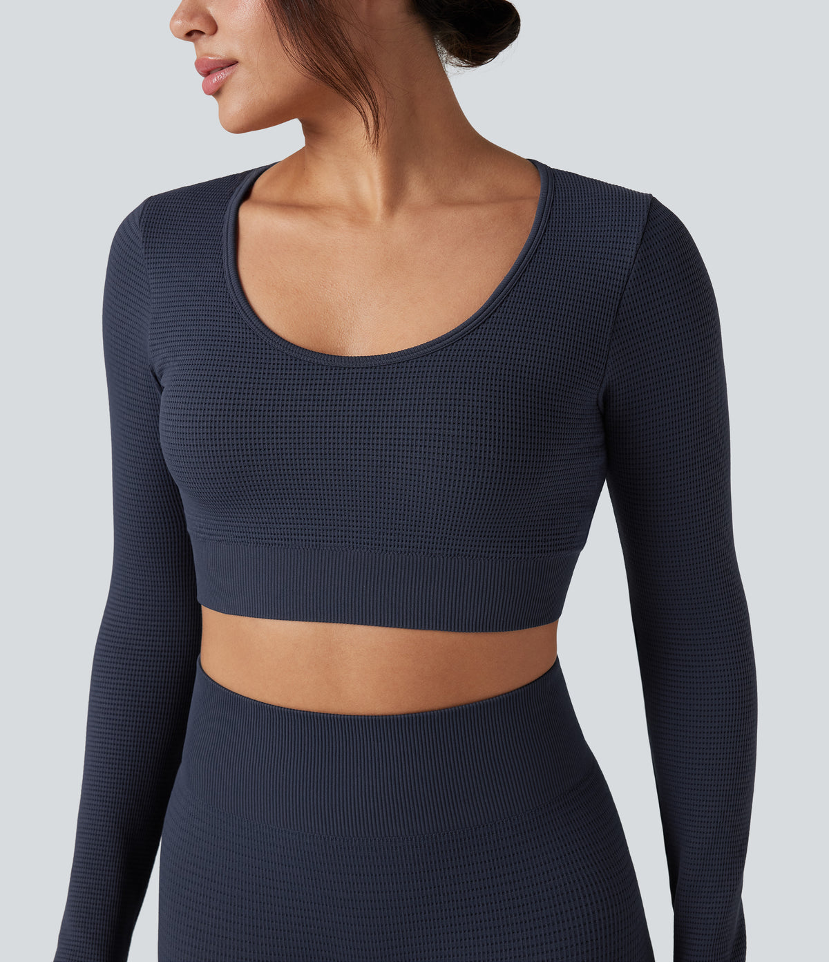 OneForm Seamless Flow Long Sleeve Cropped Waffle Yoga Sports Top — Peacoat — view 4