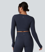 OneForm Seamless Flow Long Sleeve Cropped Waffle Yoga Sports Top — Peacoat — view 2