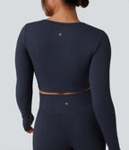 OneForm Seamless Flow Long Sleeve Cropped Waffle Yoga Sports Top — Peacoat — view 5