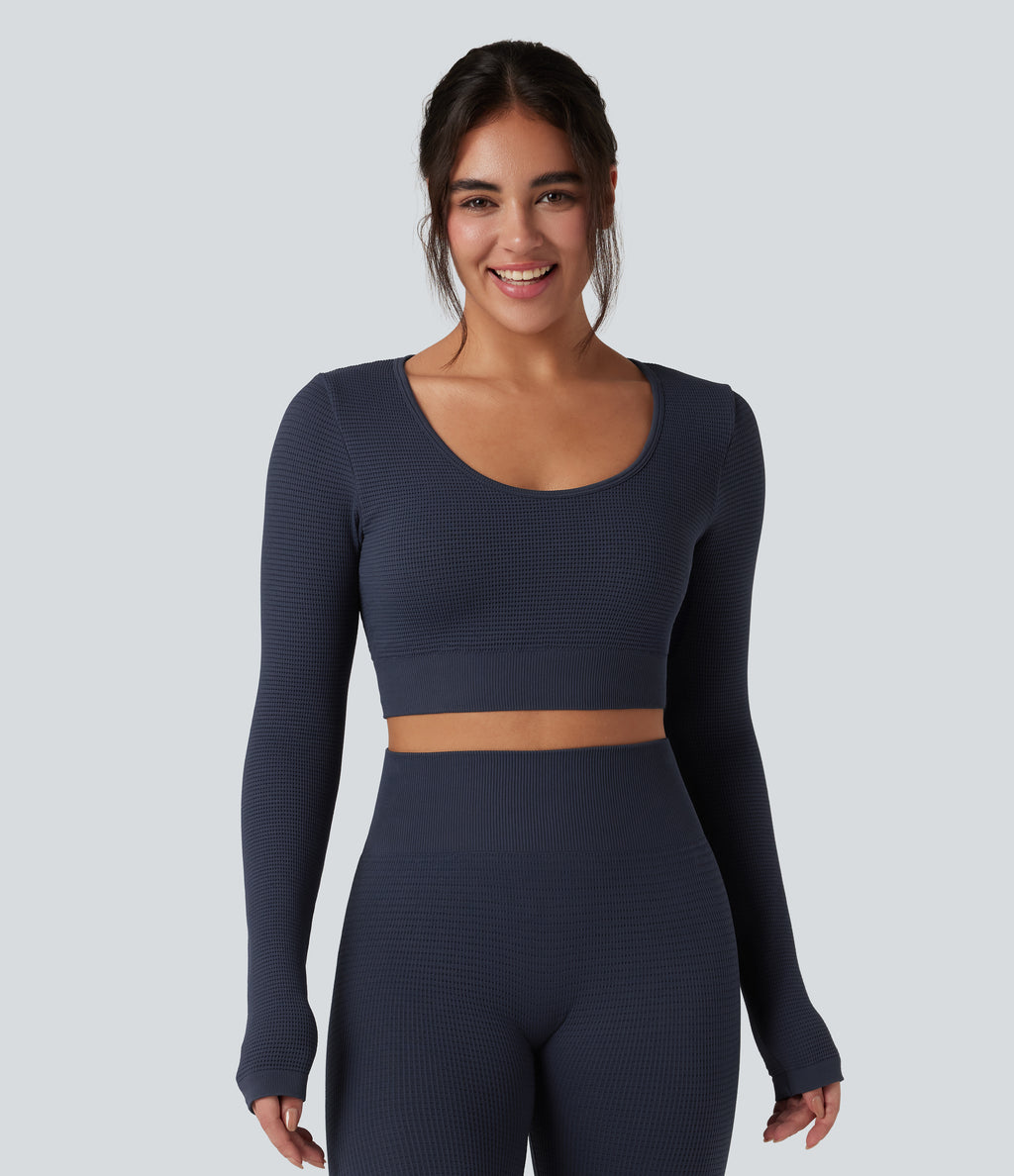 OneForm Seamless Flow Long Sleeve Cropped Waffle Yoga Sports Top — Peacoat — view 1