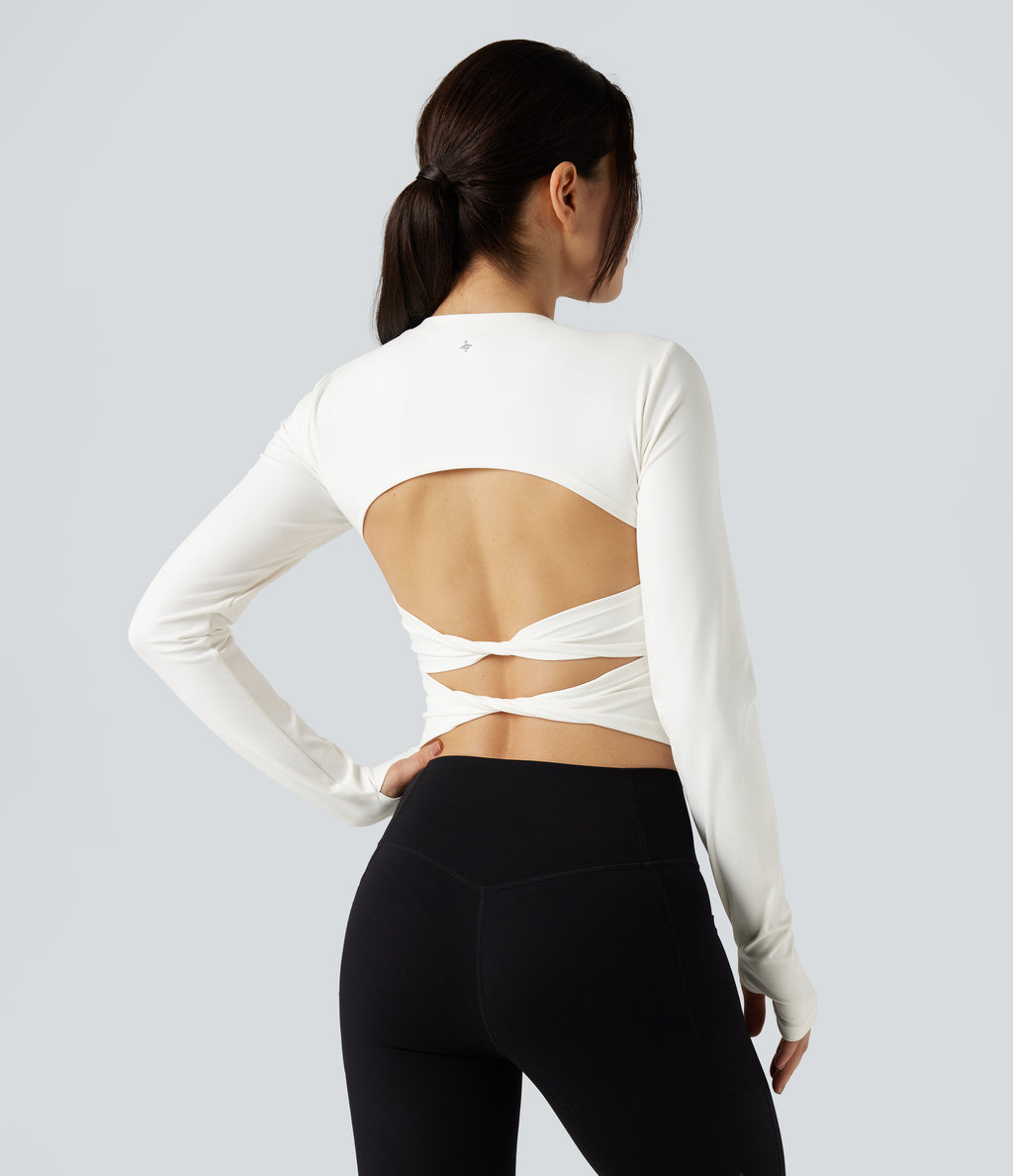 Round Neck Long Sleeve Thumb Hole Yoga Sports Top — White — view 1