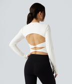 Round Neck Long Sleeve Thumb Hole Yoga Sports Top — White — view 1