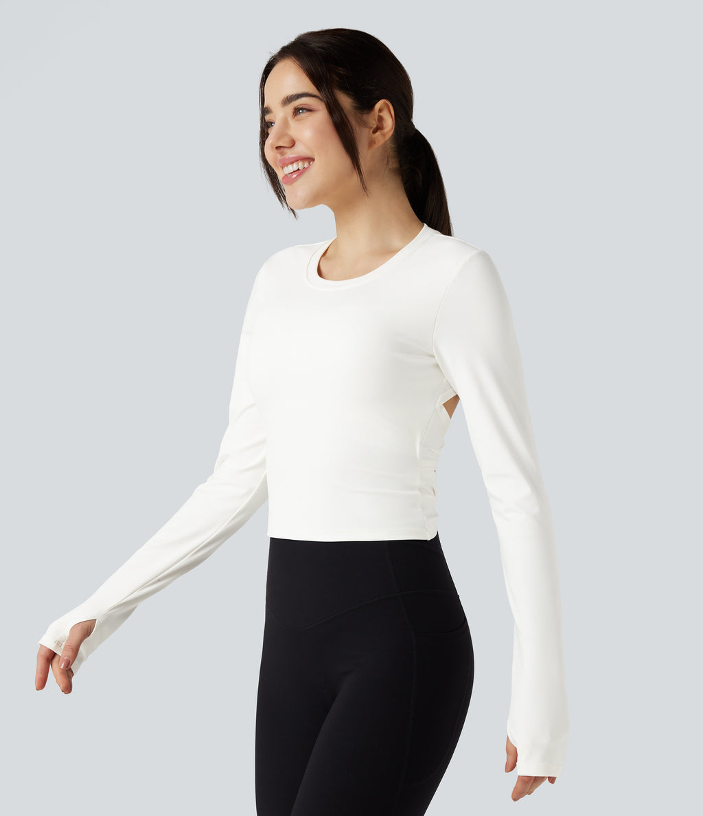 Round Neck Long Sleeve Thumb Hole Yoga Sports Top — White — view 3