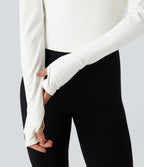 Round Neck Long Sleeve Thumb Hole Yoga Sports Top — White — view 5