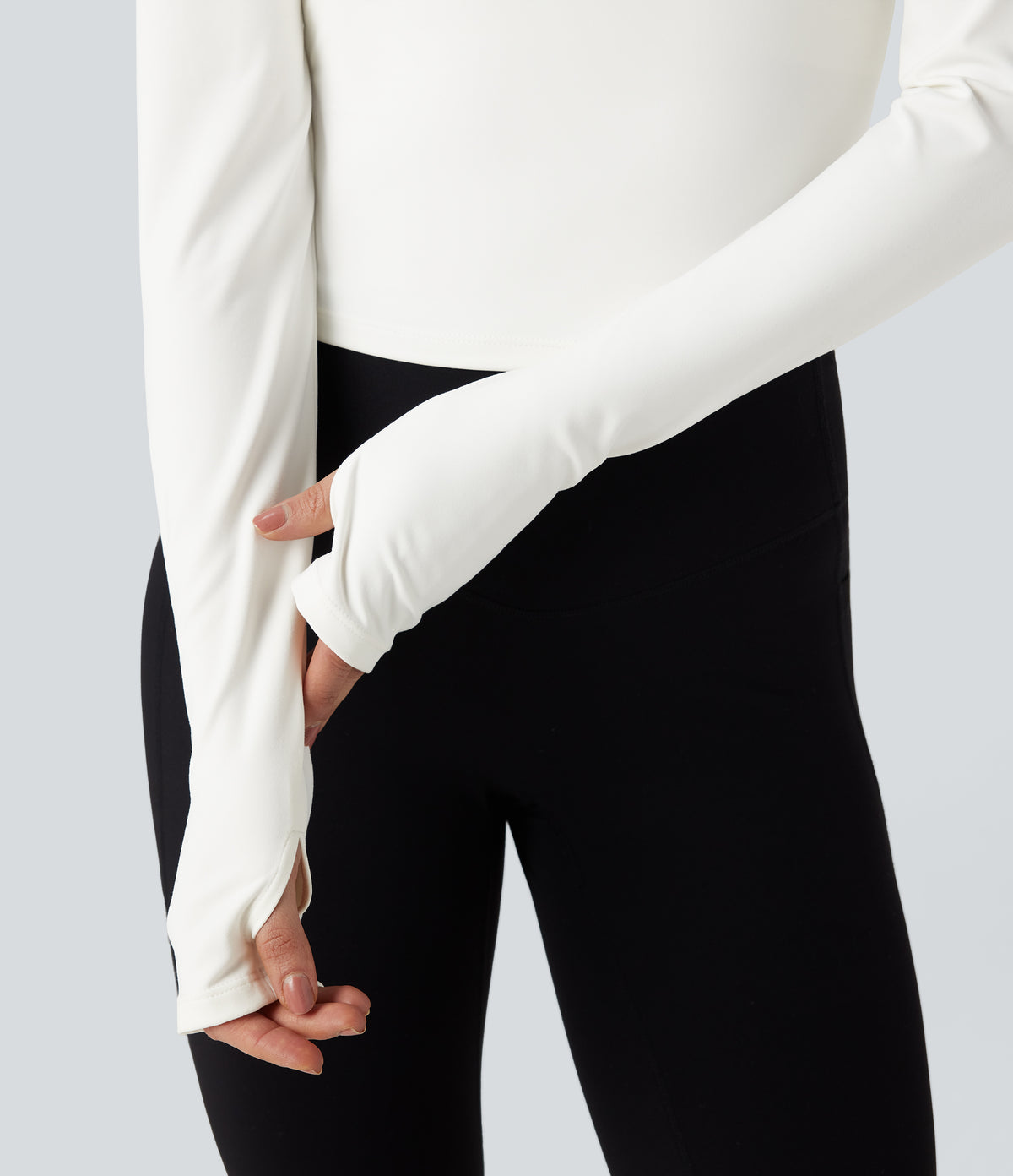 Round Neck Long Sleeve Thumb Hole Yoga Sports Top — White — view 5