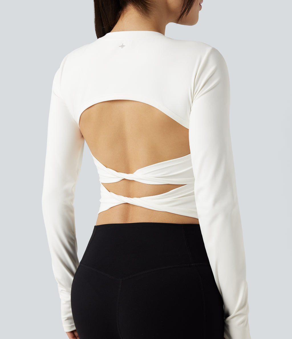 Round Neck Long Sleeve Thumb Hole Yoga Sports Top — White — view 4
