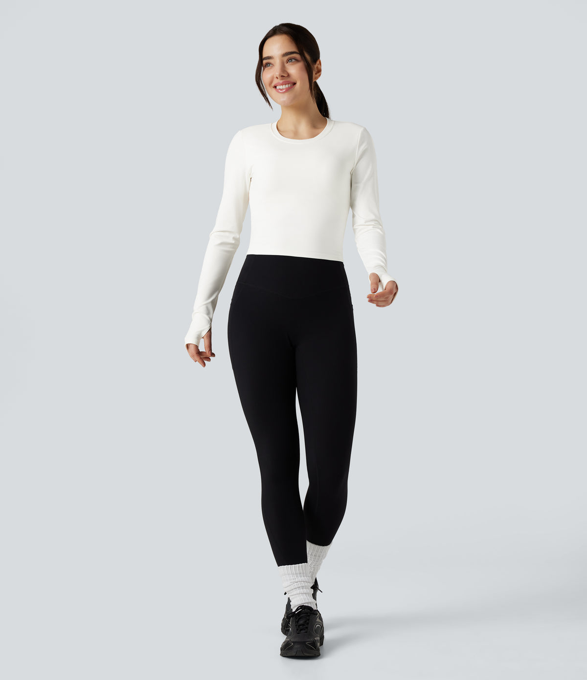 Round Neck Long Sleeve Thumb Hole Yoga Sports Top — White — view 6