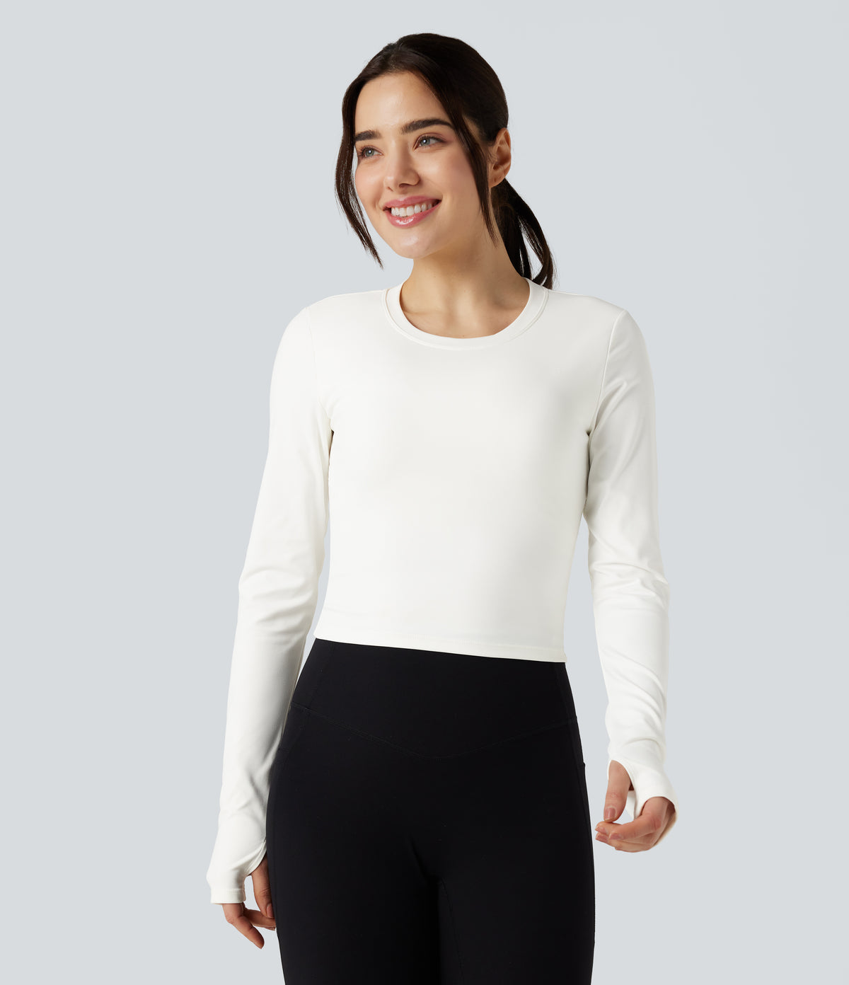 Round Neck Long Sleeve Thumb Hole Yoga Sports Top — White — view 2