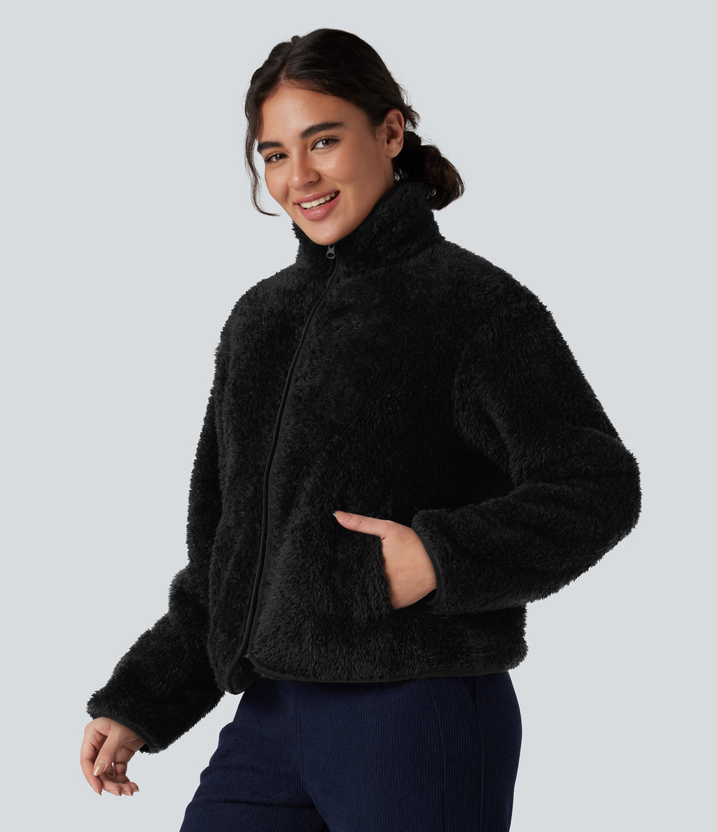 Stand Collar Long Sleeve Casual Sherpa Jacket with Pockets — Black — view 7