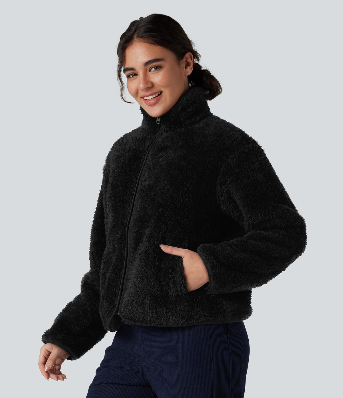 Stand Collar Long Sleeve Casual Sherpa Jacket with Pockets — Black — view 7