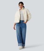 Stand Collar Long Sleeve Casual Sherpa Jacket with Pockets — White Down — view 6