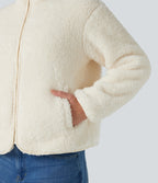 Stand Collar Long Sleeve Casual Sherpa Jacket with Pockets — White Down — view 5