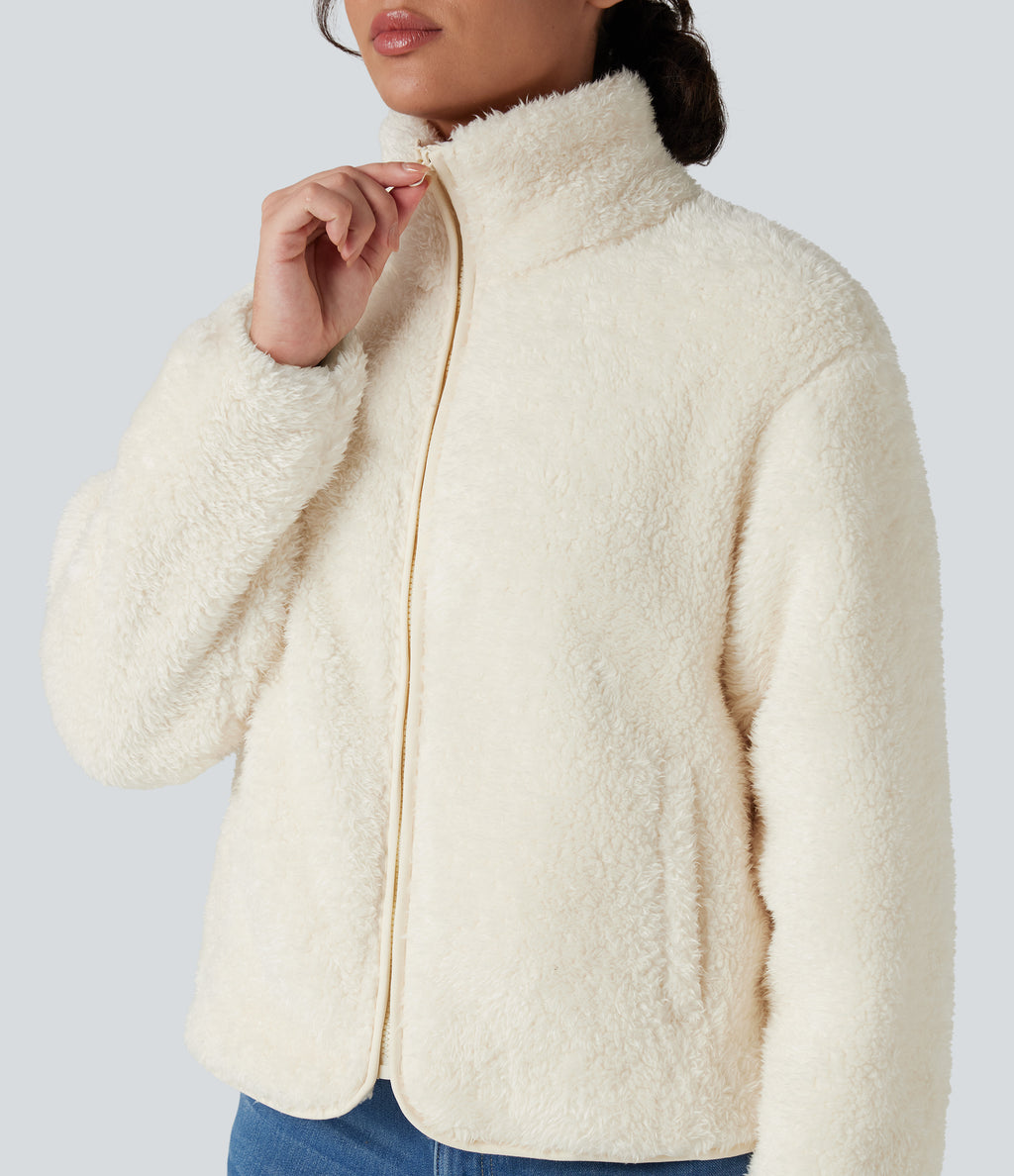Stand Collar Long Sleeve Casual Sherpa Jacket with Pockets — White Down — view 4
