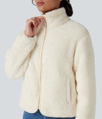 Stand Collar Long Sleeve Casual Sherpa Jacket with Pockets — White Down — view 4