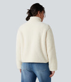 Stand Collar Long Sleeve Casual Sherpa Jacket with Pockets — White Down — view 2