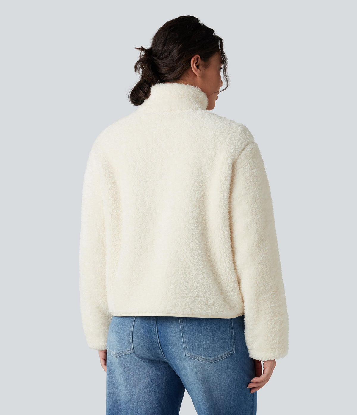 Stand Collar Long Sleeve Casual Sherpa Jacket with Pockets — White Down — view 2