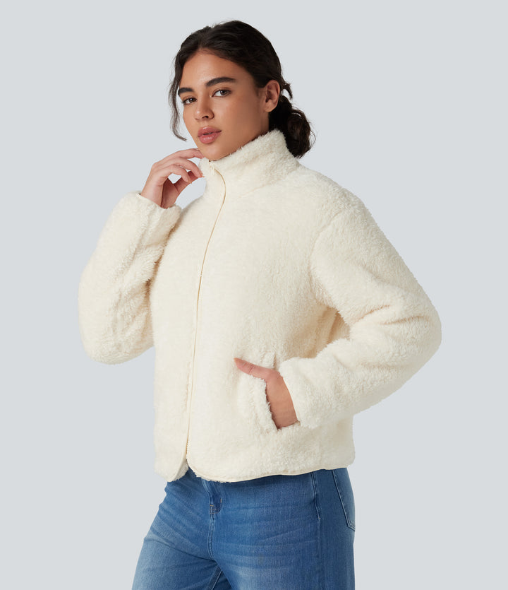 Stand Collar Long Sleeve Casual Sherpa Jacket with Pockets — White Down — view 1