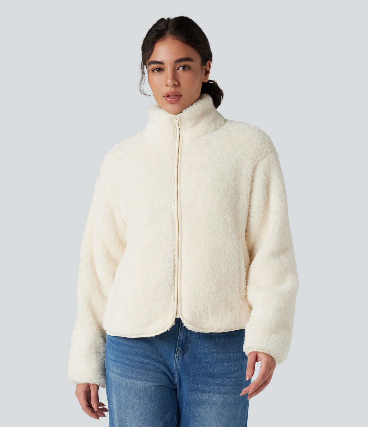 Stand Collar Long Sleeve Casual Sherpa Jacket with Pockets — White Down — view 3