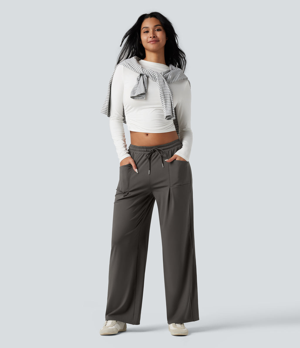 Mid Rise Drawstring Wide Leg Work Trousers with Pockets — Deep Red Grey — view 1