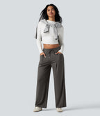 Mid Rise Drawstring Wide Leg Work Trousers with Pockets — Deep Red Grey — view 1