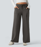 Mid Rise Drawstring Wide Leg Work Trousers with Pockets — Deep Red Grey — view 2