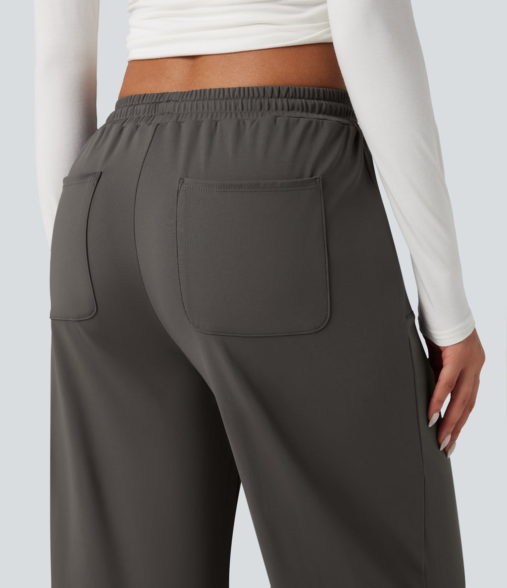 Mid Rise Drawstring Wide Leg Work Trousers with Pockets — Deep Red Grey — view 5