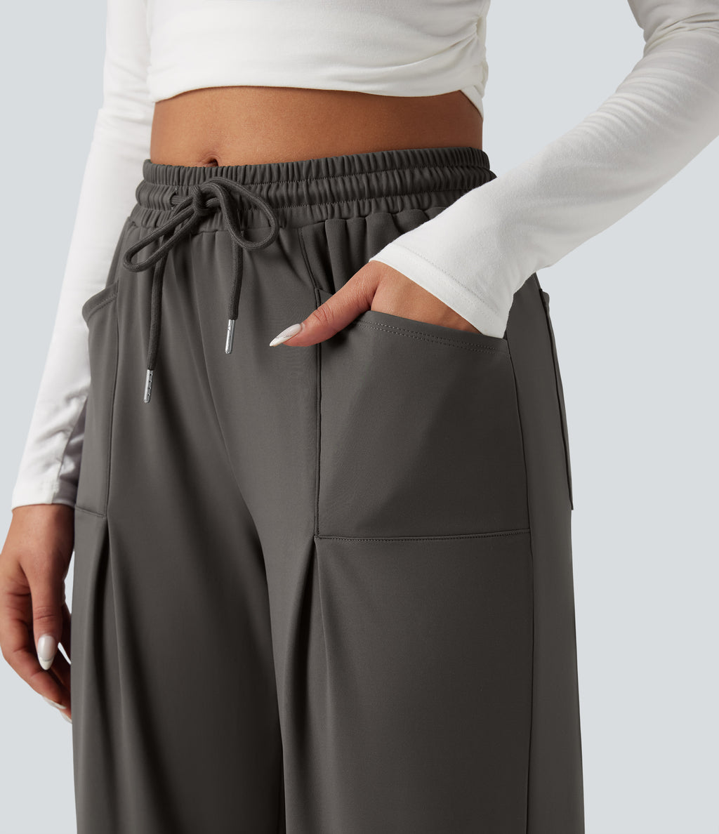 Mid Rise Drawstring Wide Leg Work Trousers with Pockets — Deep Red Grey — view 6