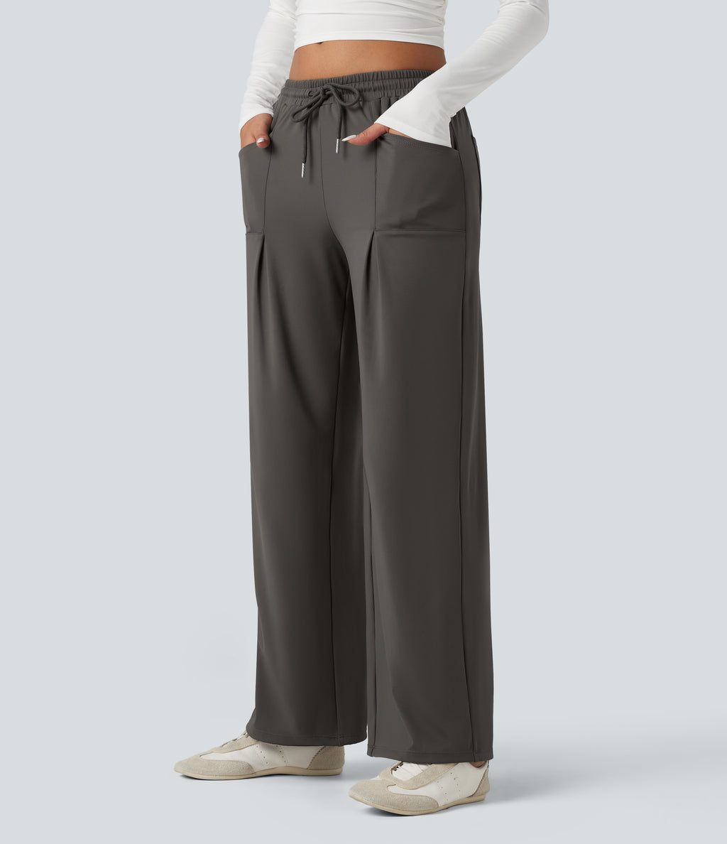 Mid Rise Drawstring Wide Leg Work Trousers with Pockets — Deep Red Grey — view 3