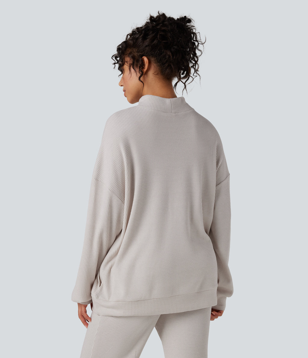 Mock Neck Long Sleeve Relaxed Waffle Casual Sweatshirt with Pockets — Wind Chime — view 2
