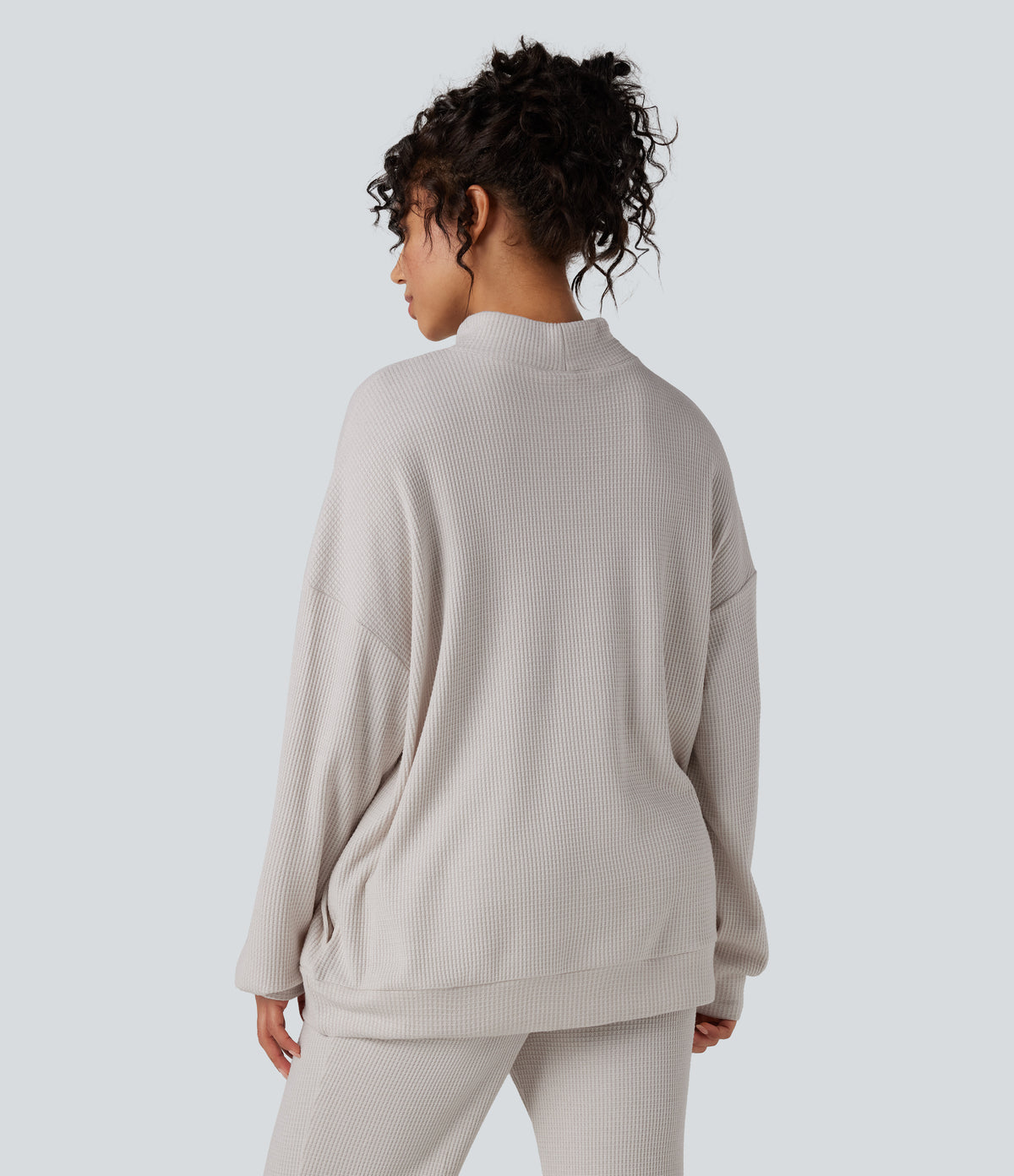 Mock Neck Long Sleeve Relaxed Waffle Casual Sweatshirt with Pockets — Wind Chime — view 2