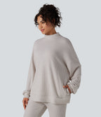 Mock Neck Long Sleeve Relaxed Waffle Casual Sweatshirt with Pockets — Wind Chime — view 3