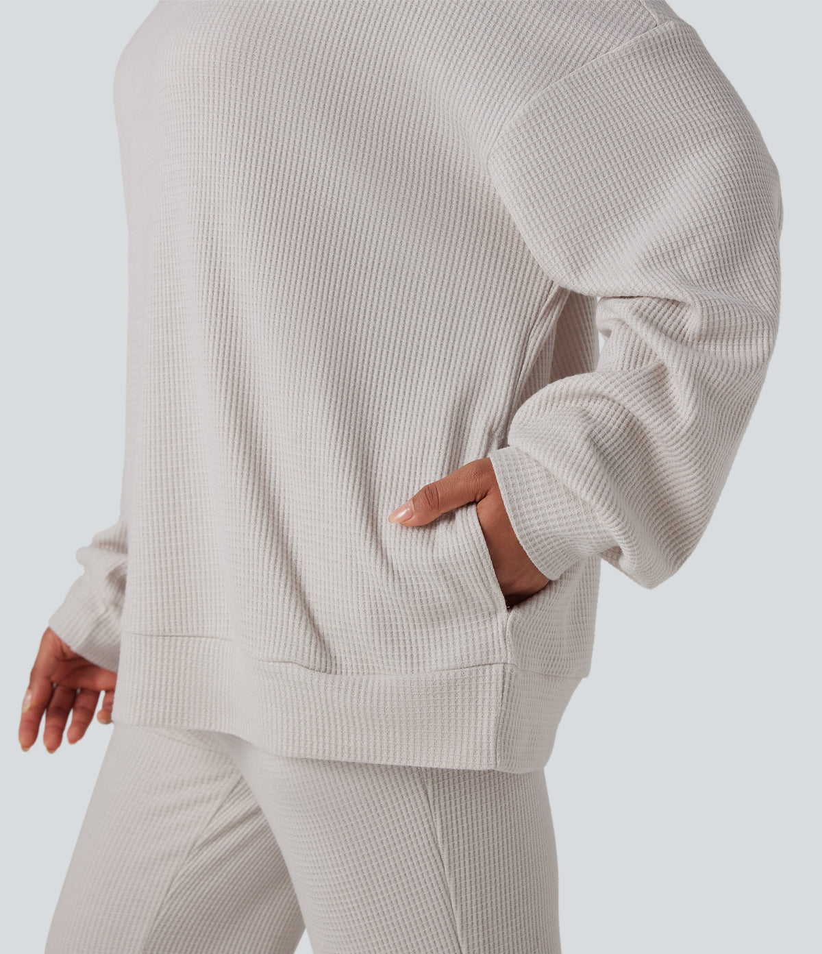 Mock Neck Long Sleeve Relaxed Waffle Casual Sweatshirt with Pockets — Wind Chime — view 5