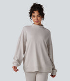 Mock Neck Long Sleeve Relaxed Waffle Casual Sweatshirt with Pockets — Wind Chime — view 6