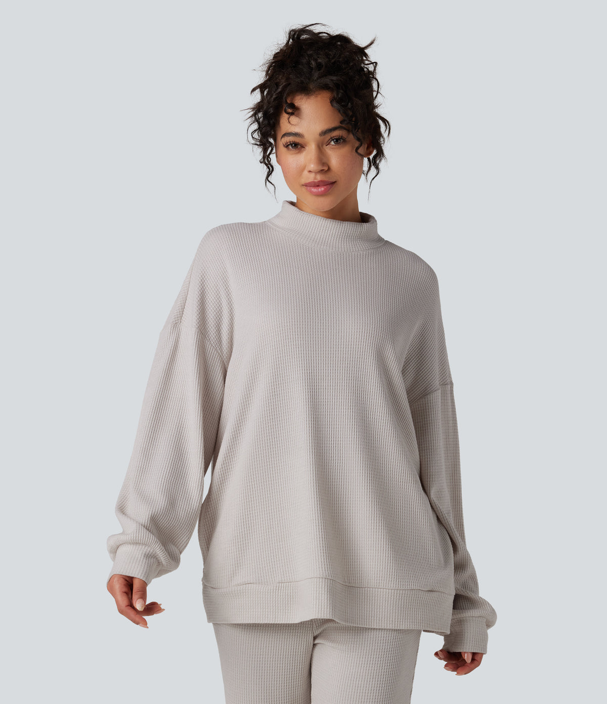 Mock Neck Long Sleeve Relaxed Waffle Casual Sweatshirt with Pockets — Wind Chime — view 6