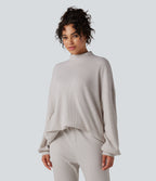 Mock Neck Long Sleeve Relaxed Waffle Casual Sweatshirt with Pockets — Wind Chime — view 1