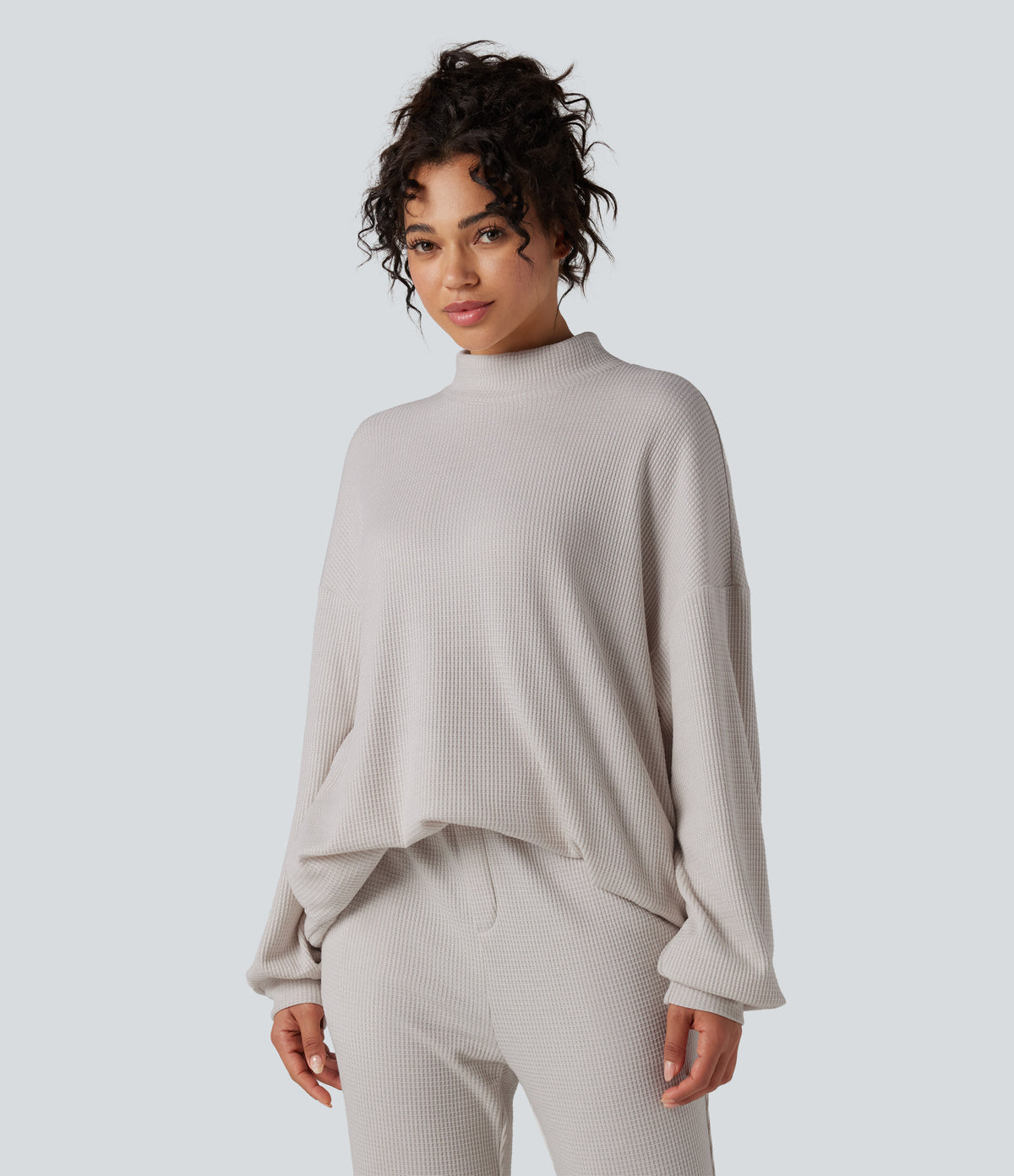 Mock Neck Long Sleeve Relaxed Waffle Casual Sweatshirt with Pockets — Wind Chime — view 1