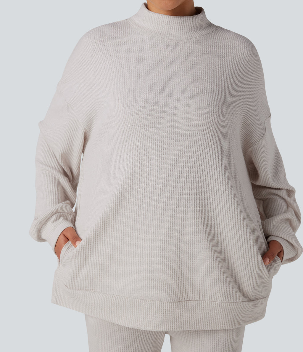 Mock Neck Long Sleeve Relaxed Waffle Casual Sweatshirt with Pockets — Wind Chime — view 4