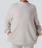 Mock Neck Long Sleeve Relaxed Waffle Casual Sweatshirt with Pockets — Wind Chime — view 4