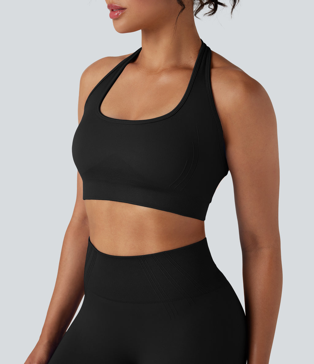 OneForm Seamless Flow Low Support Halter Yoga Sports Bra — Black — view 5