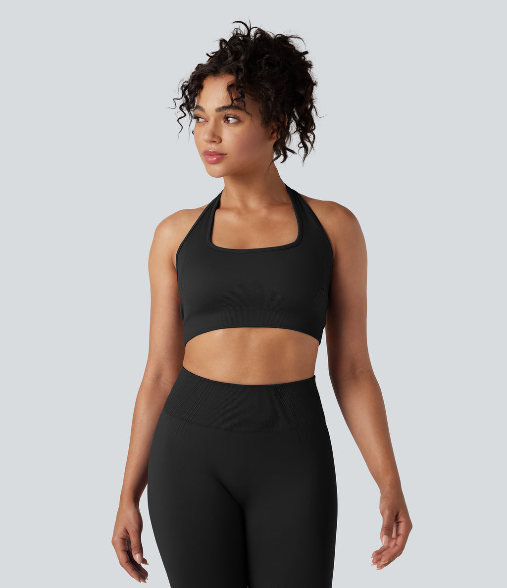 OneForm Seamless Flow Low Support Halter Yoga Sports Bra — Black — view 2