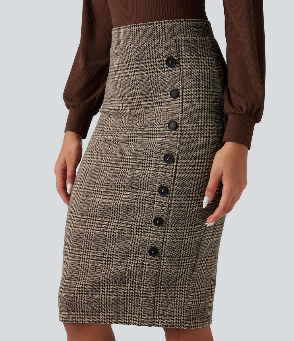 High Waisted Bodycon Houndstooth Plaid Knee Length Work Skirt — Brown Houndstooth Plaid — view 4